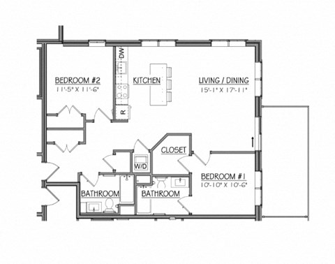 Floor plan for 2 beds, 2 baths, 995 sqft